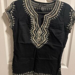 Lucky Brand Black Short Sleeve Embroidered Tunic